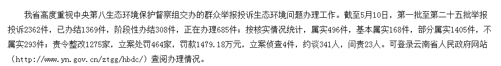 云南省办理中央生态环境保护督察交办群众举报投诉生态环境问题进展情况通报 （三十四）