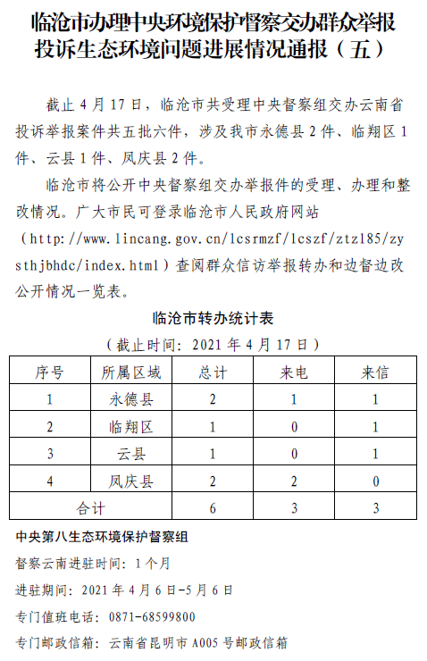 临沧市办理中央环境保护督察交办群众举报投诉生态环境问题进展情况的通报（五）