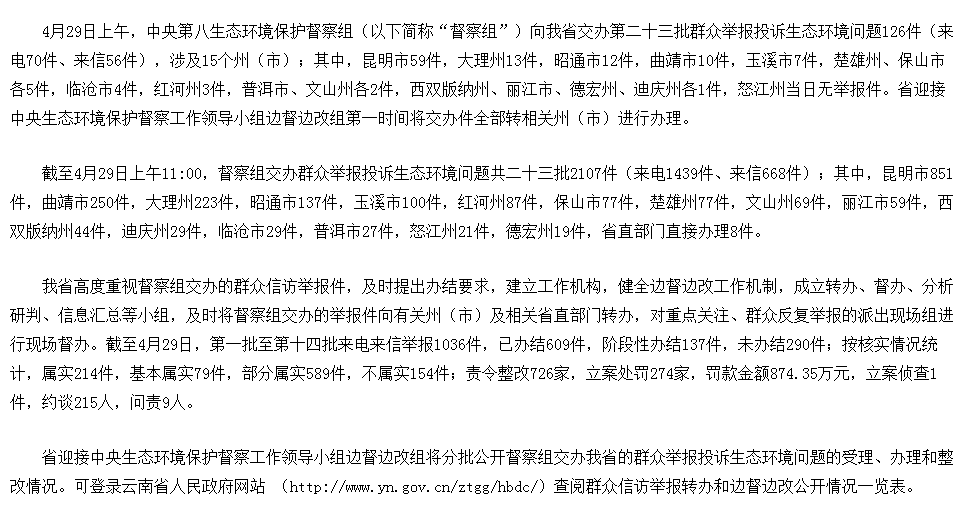 云南省办理中央生态环境保护督察交办群众举报投诉生态环境问题进展情况通报 （二十三）